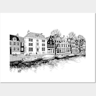 Boats and houses on a canal of Amsterdam, Netherlands Posters and Art